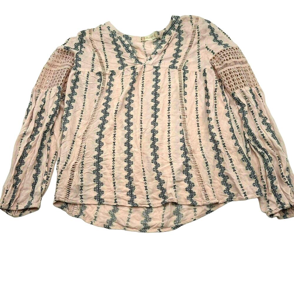 ALTER'D STATE Boho Women's Large Long Sleeve Tunic Peasant Top Shirt pink‎ navy